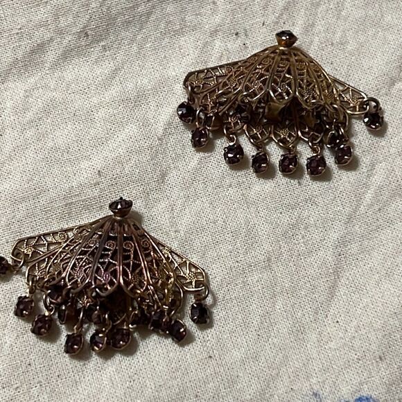 Vintage Gold-Tone Filigree Fan Clip-On Earrings with Beaded Fringe - Picture 3 of 8